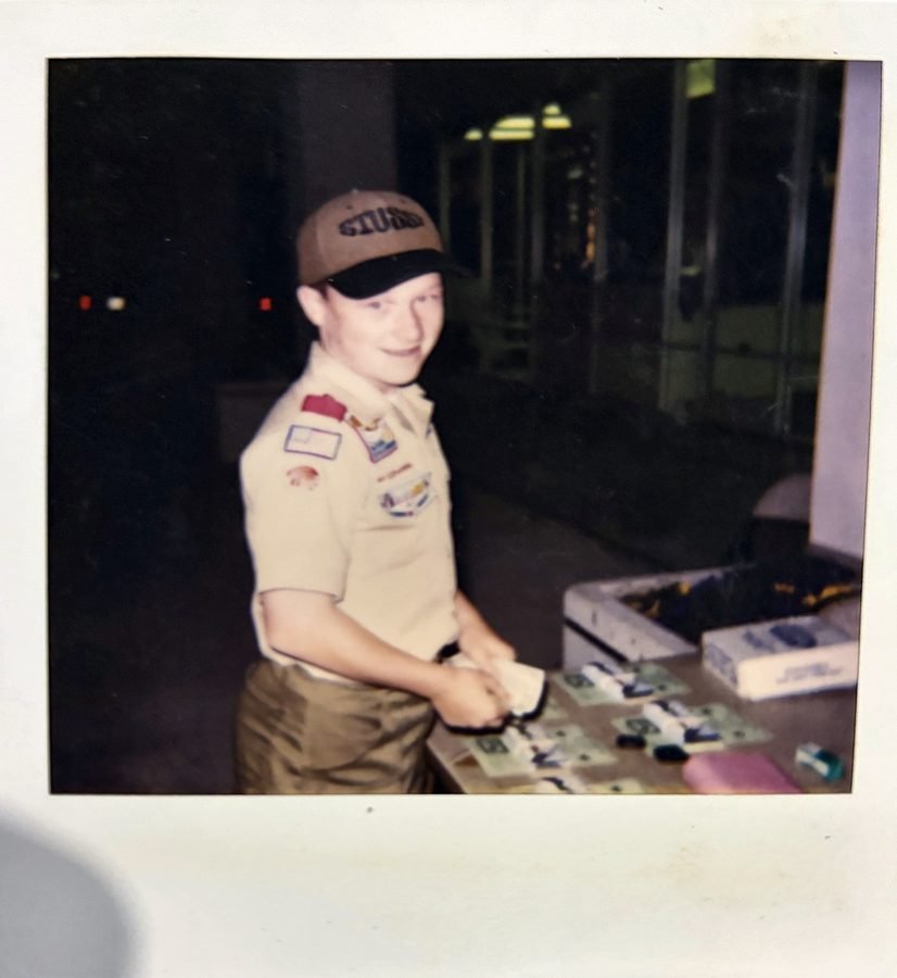 Mike in his Scout uniform at the Scout-o-rama candy bar table