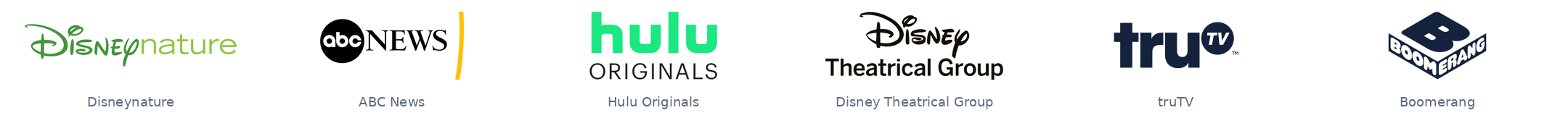 Disneynature, ABC News, Hulu Originals, Disney Theatrical Group, truTV, Boomerang