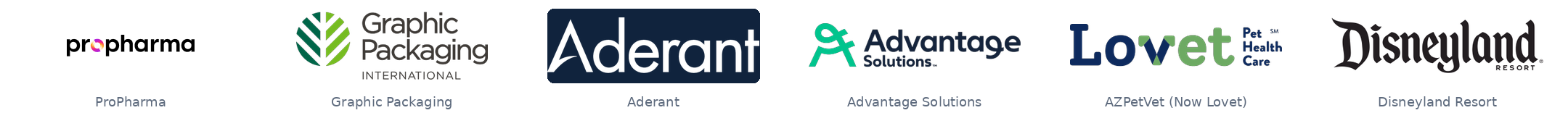 ProPharma, Graphic Packaging, Aderant, Advantage Solutions, AZPetVet (Now Lovet), Disneyland Resort