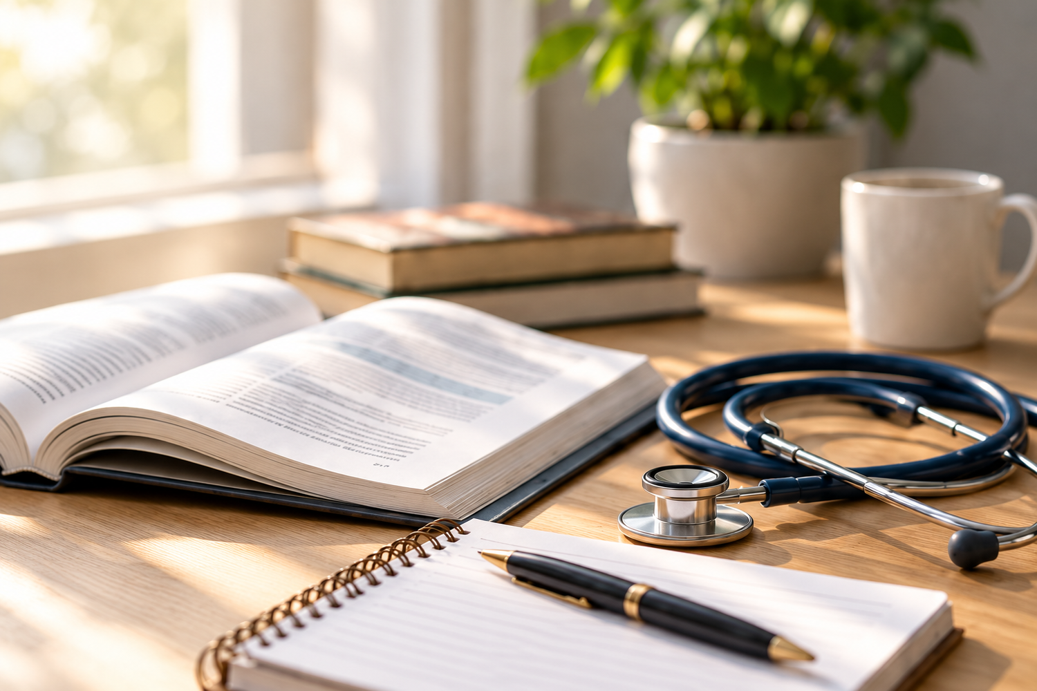 Books, a notebook, and a stethoscope on a sunlit study desk