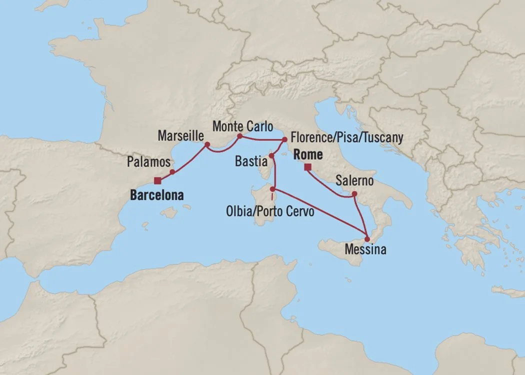 Barcelona to Rome voyage map on Oceania Nautica