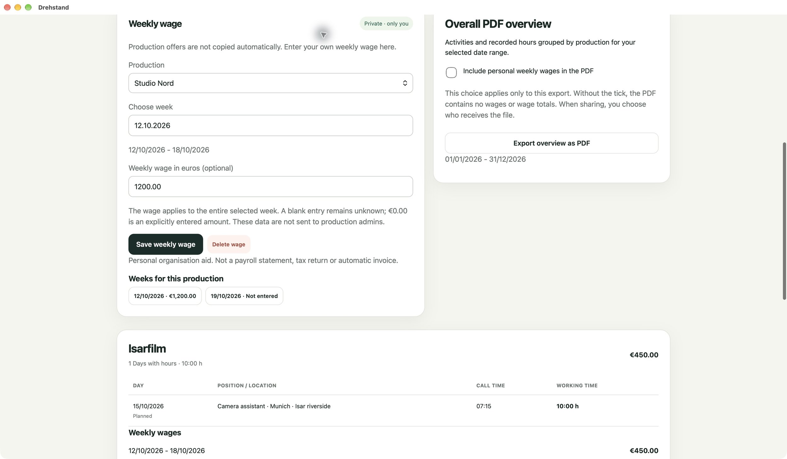 Personal work summary and optional PDF export. Fictional demo data.