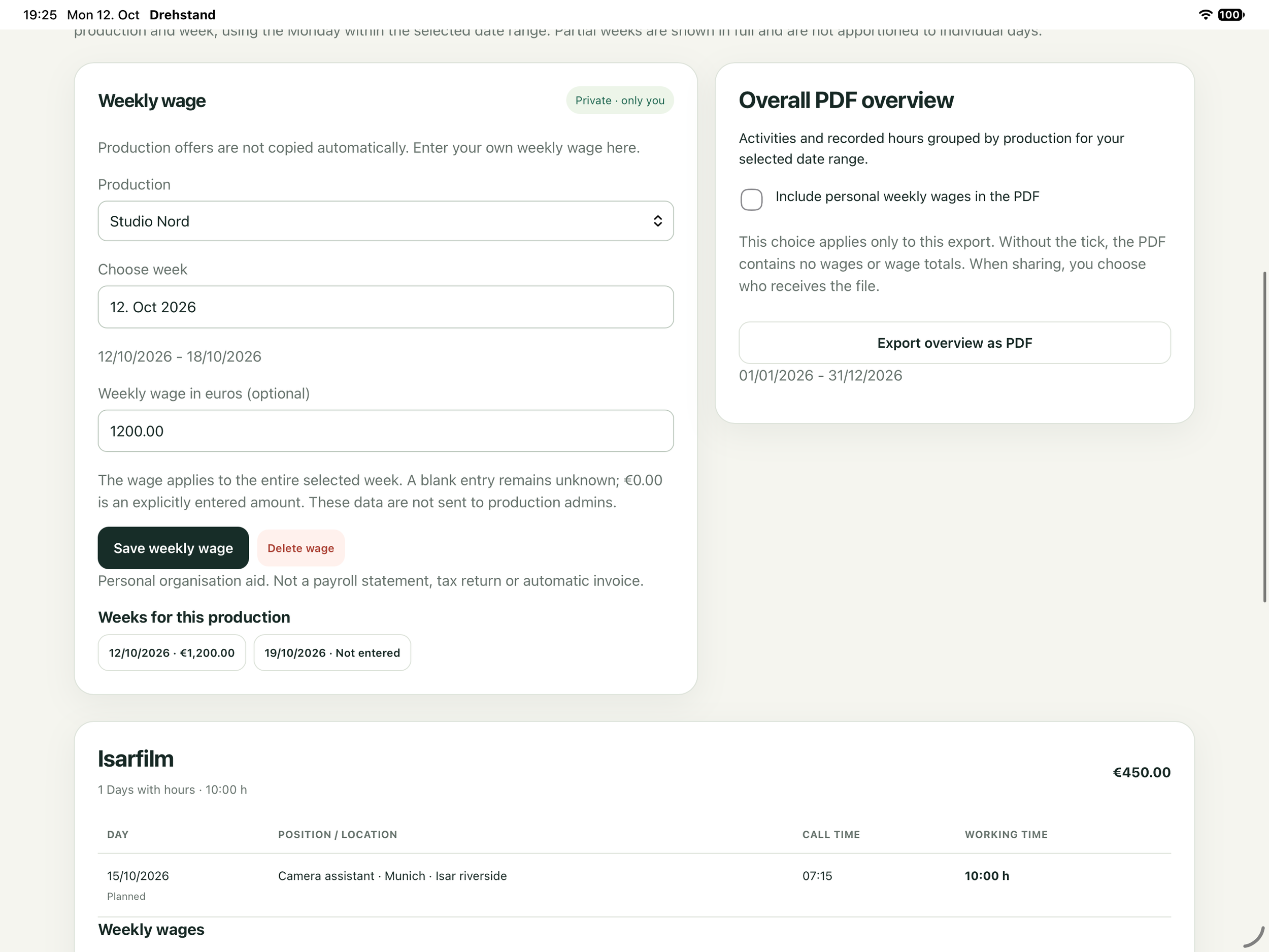 Date range, hours and private weekly fees. Fictional demo data.