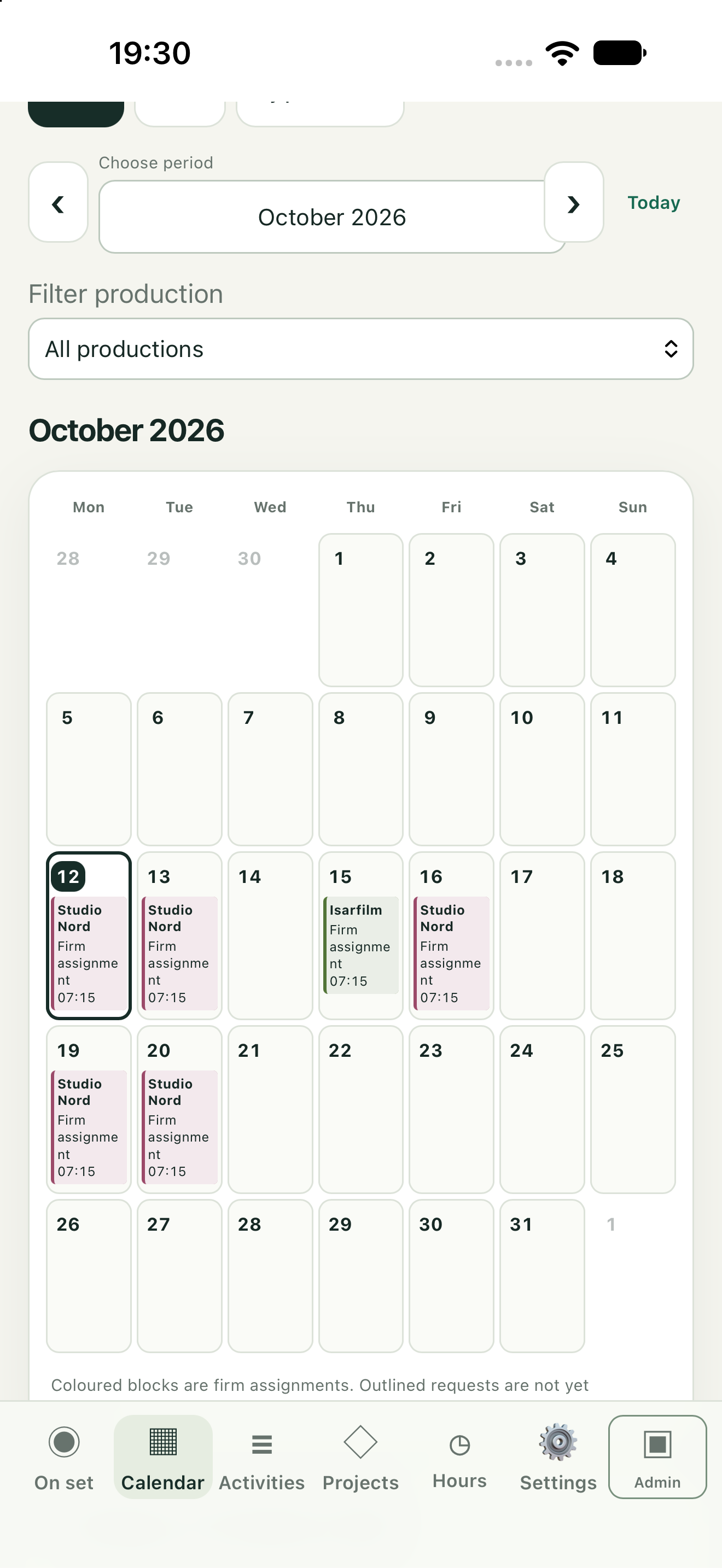 Personal calendar with assignments across productions and free days. Fictional demo data.
