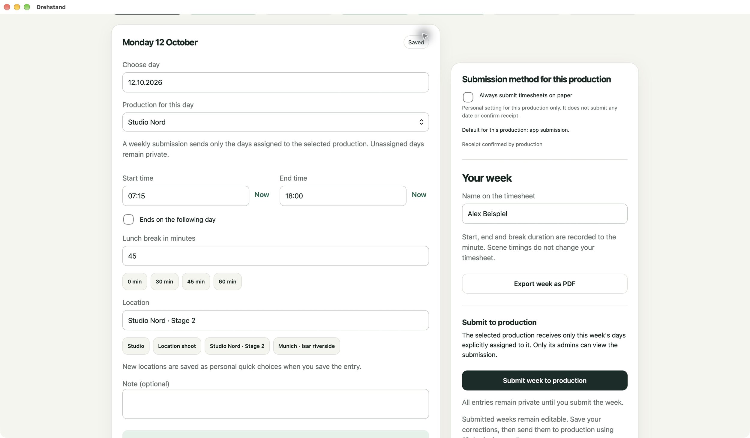 Weekly timesheet overview, PDF export and submission. Fictional demo data.