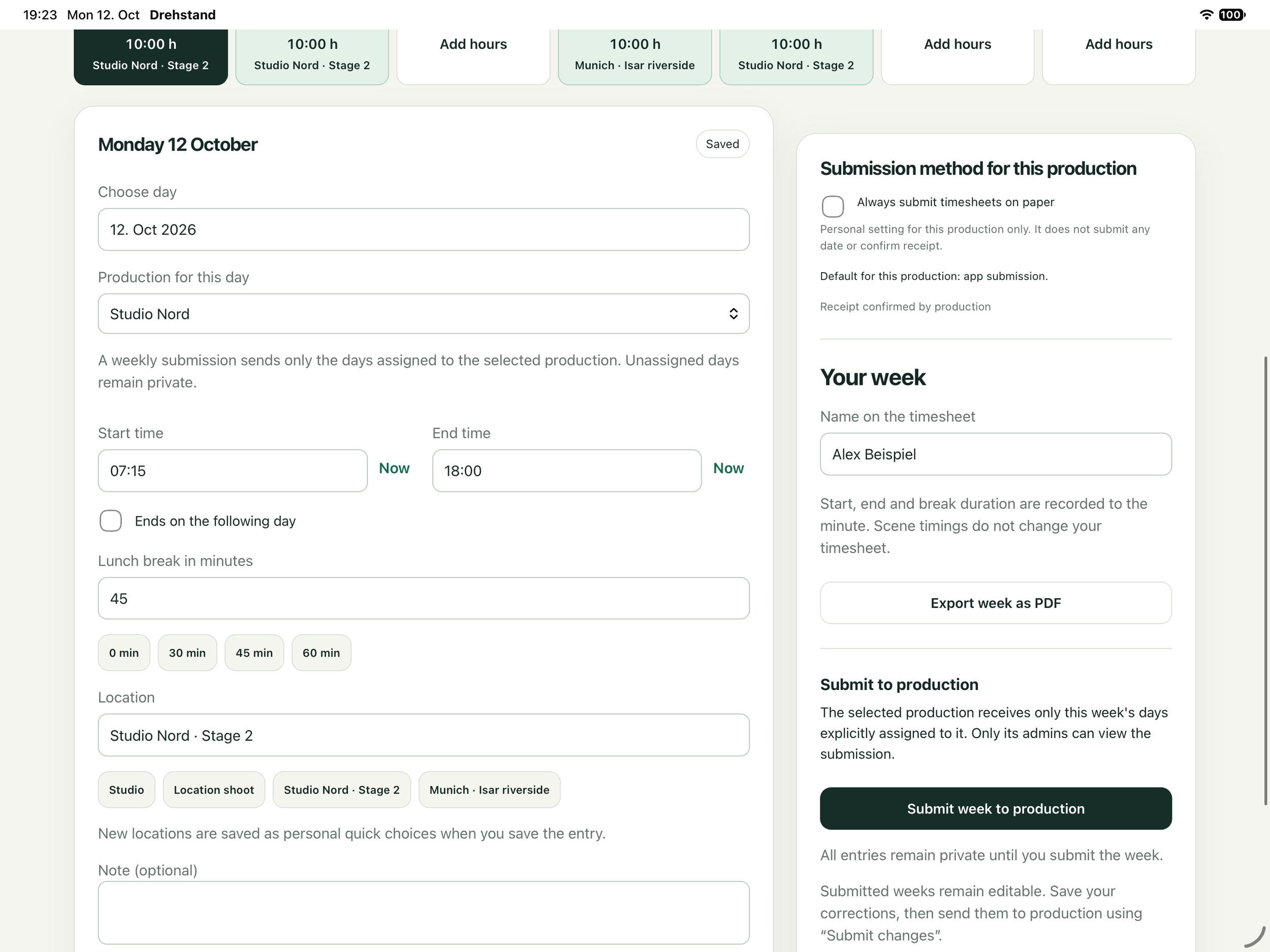 Personal timesheet with start, end, break and location. Fictional demo data.