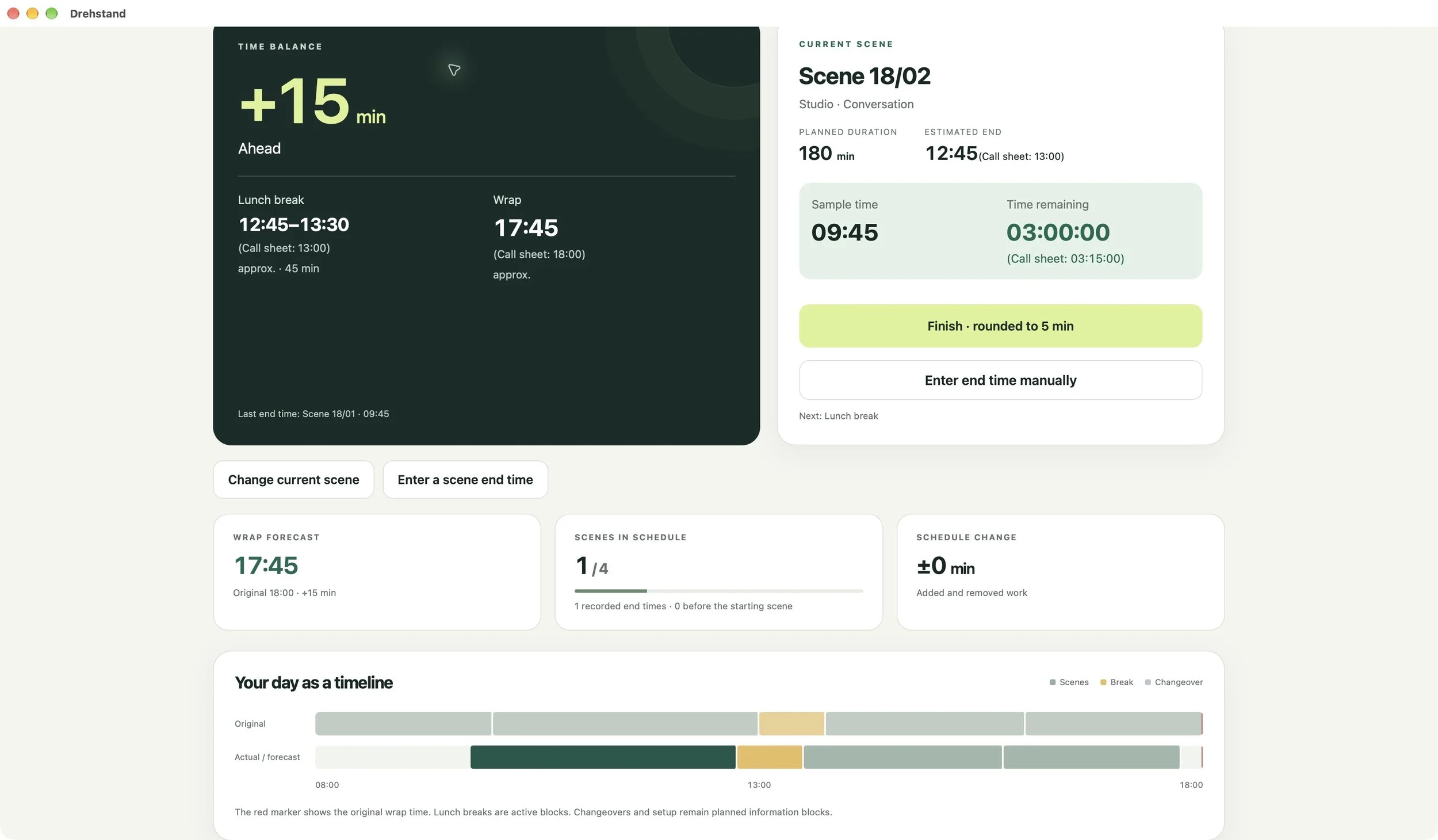 Original plan and actual shoot progress on a timeline. Fictional demo data.