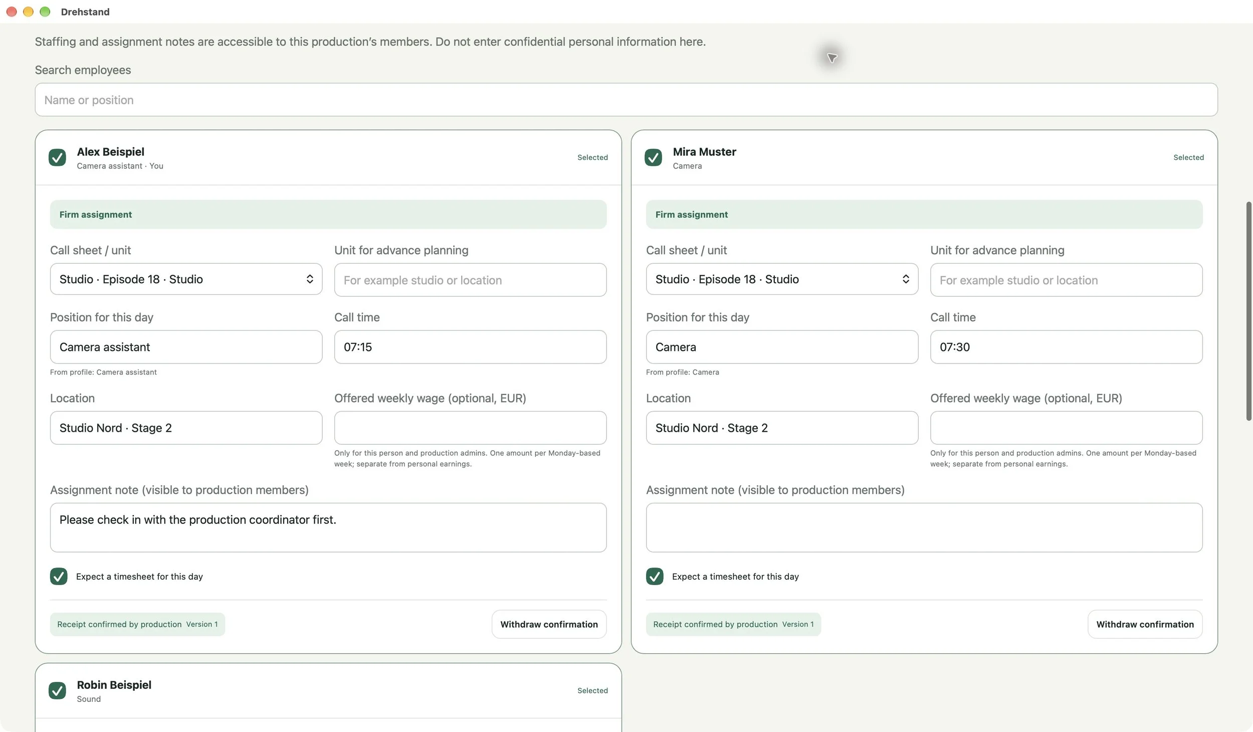 Crew assignment and timesheet requirements. Fictional demo data.
