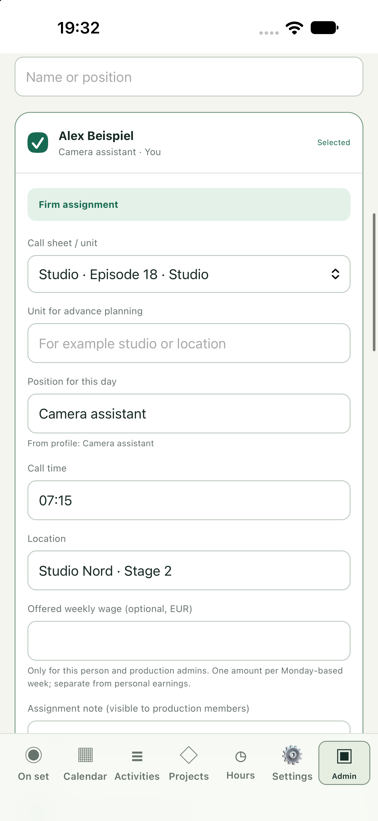 Crew assignment with role, call time and location. Fictional demo data.
