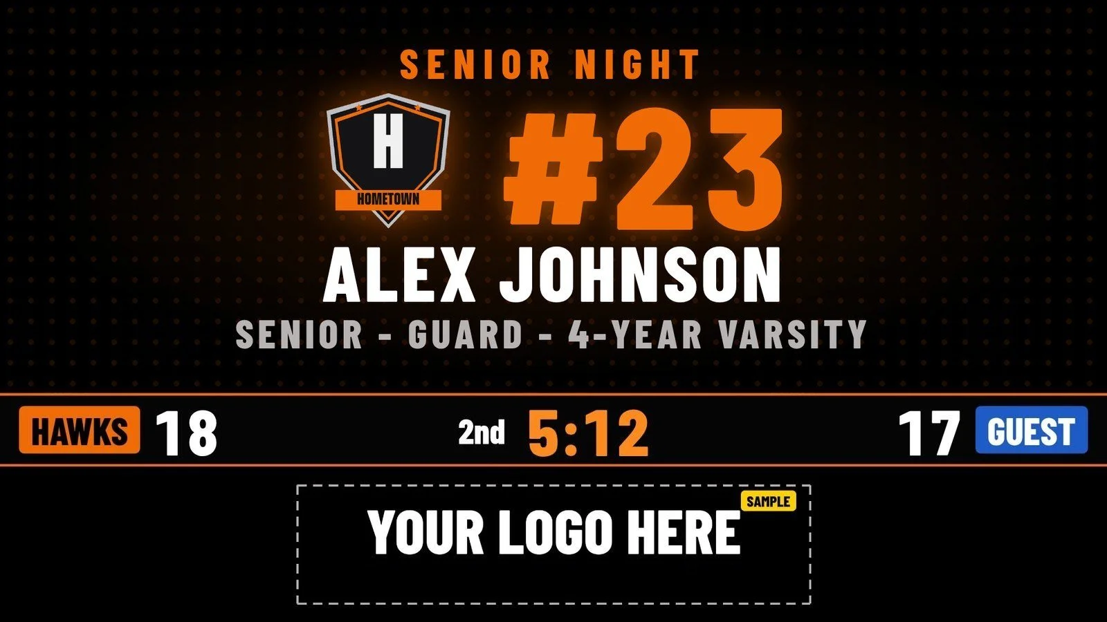 Senior night player spotlight for sample player number 23 Alex Johnson, senior guard, above the live score bar