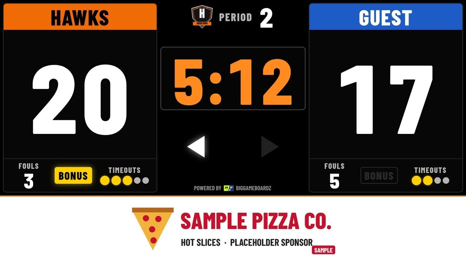 Basketball layout on the LED video scoreboard: HAWKS 20, GUEST 17, period 2, 5:12 game clock, possession arrow, team fouls with BONUS and timeouts, with a sample pizza sponsor in the bottom zone
