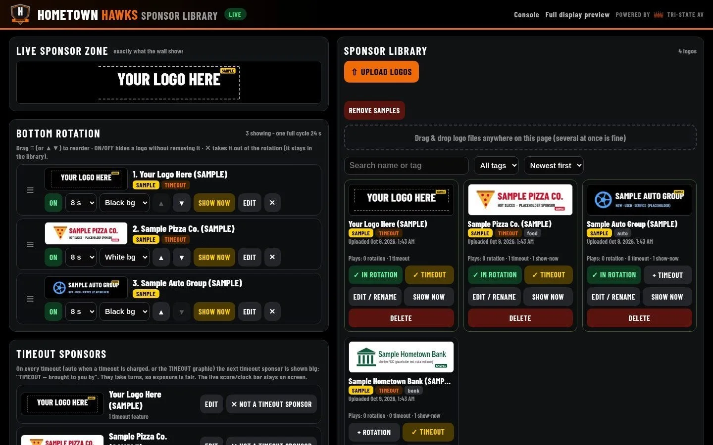 Sponsor library in a web browser with sample sponsor logos, on and off switches, seconds per logo, reorder buttons and timeout sponsor settings