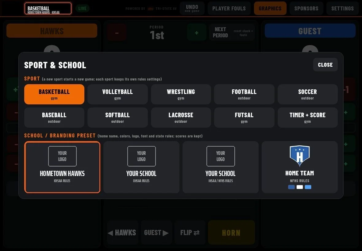Sport and school picker on the touchscreen console with ten sports (basketball, volleyball, wrestling, football, soccer, baseball, softball, lacrosse, futsal, Timer + Score) and school presets with state rules