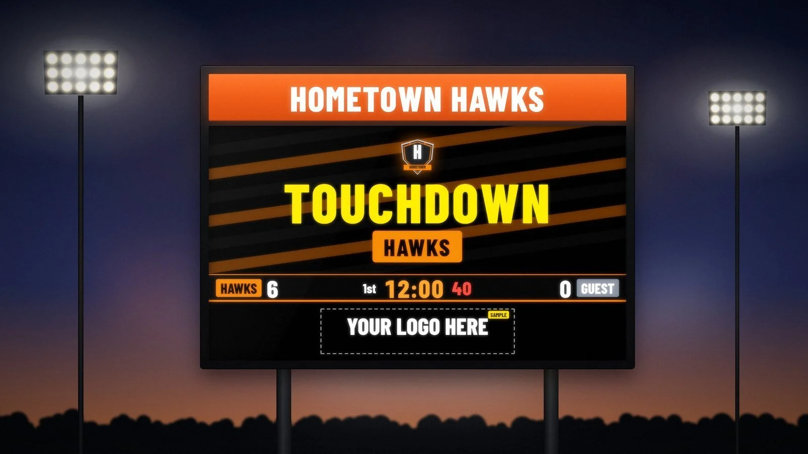 Concept rendering of an outdoor LED video scoreboard at a high school stadium at dusk, showing a TOUCHDOWN HAWKS graphic above the score bar and a sponsor spot