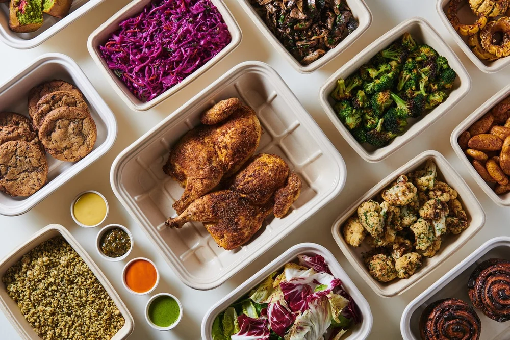 Roast chicken with sides, sauces and cookies