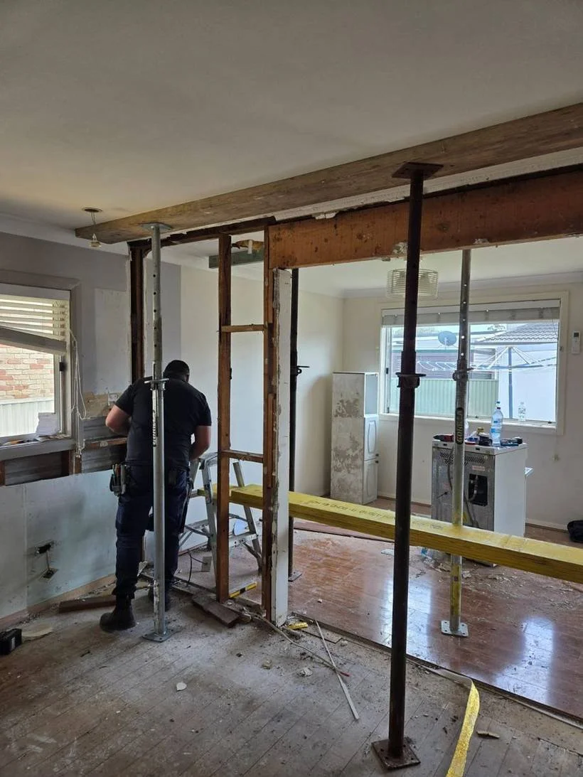 Ceiling propped while the new beam is installed