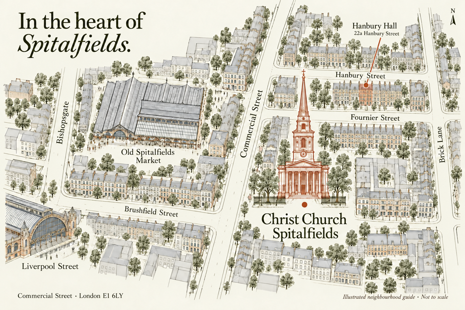Illustrated neighbourhood map showing Christ Church Spitalfields, Hanbury Hall at 22a Hanbury Street, Old Spitalfields Market and Liverpool Street station