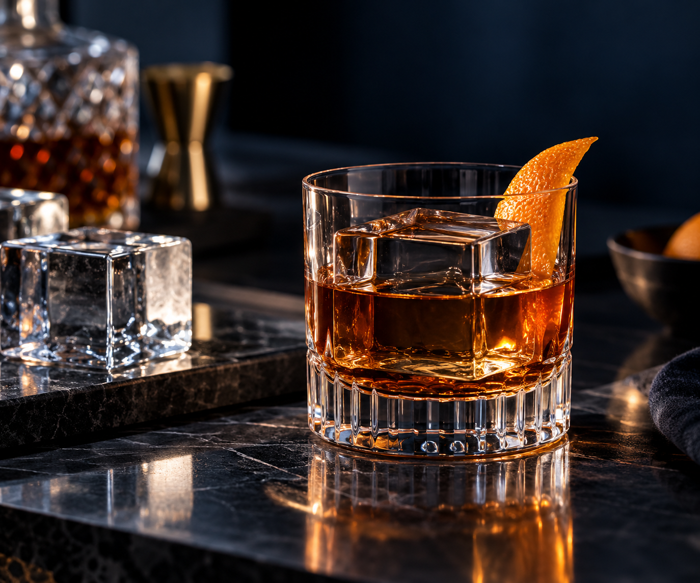 Old Fashioned cocktail with a clear ice cube and orange peel on a dark marble bar