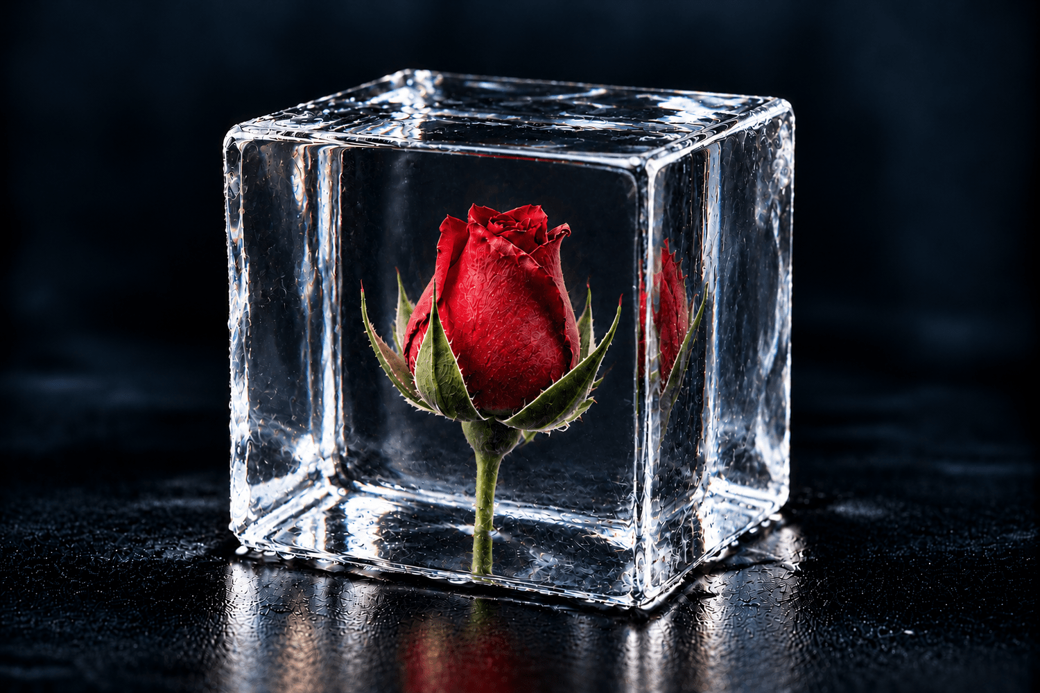 Red rose encased in a crystal-clear ice cube