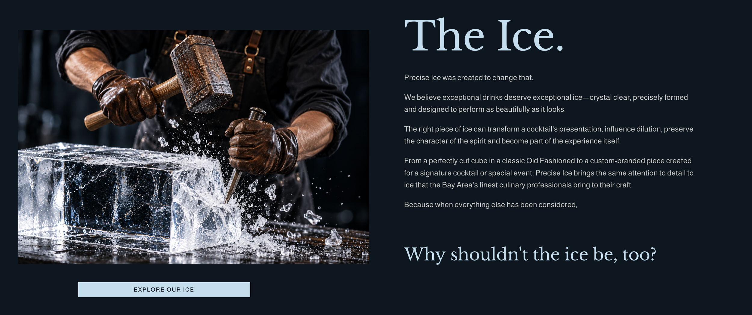 Craftsperson shaping a clear block of ice with a mallet and chisel