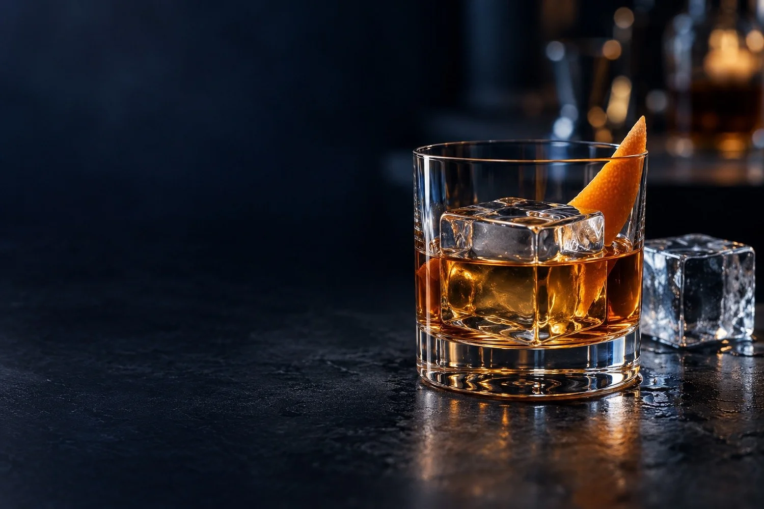 Amber cocktail with a large crystal-clear ice cube on a dark stone bar