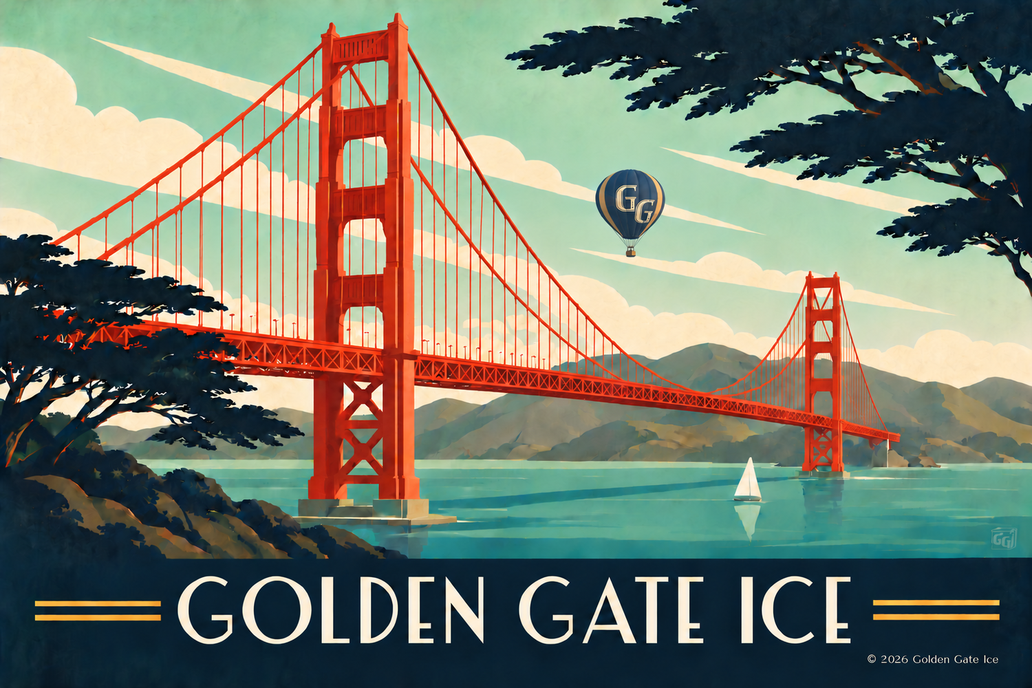 Art Deco Golden Gate Bridge with corrected suspension cables, distant GG hot air balloon, Golden Gate Ice lettering and subtle monogram watermark