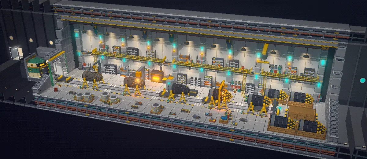 In-game screenshot of the Drill Works and mining machinery