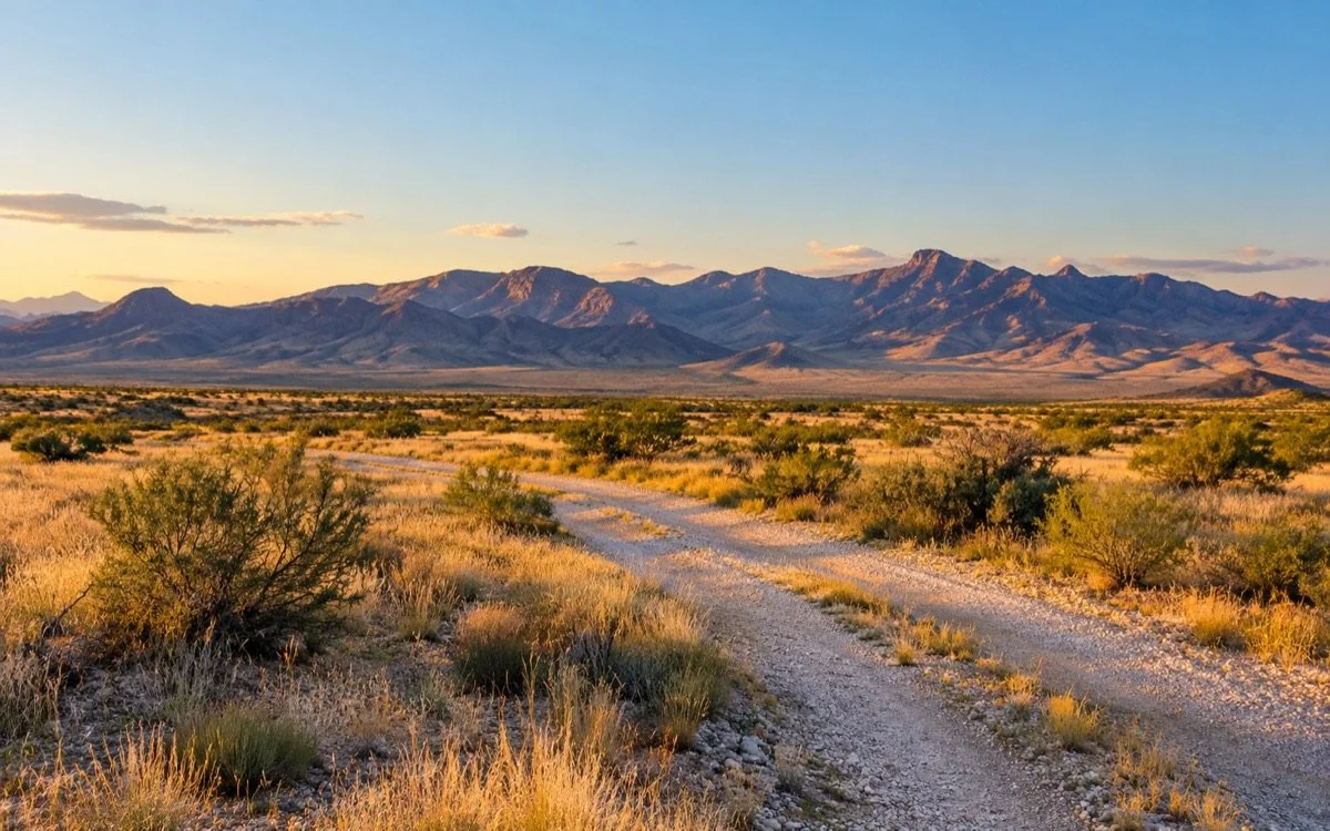 A pale gravel road across dry grassland beneath a broad mountain horizon.