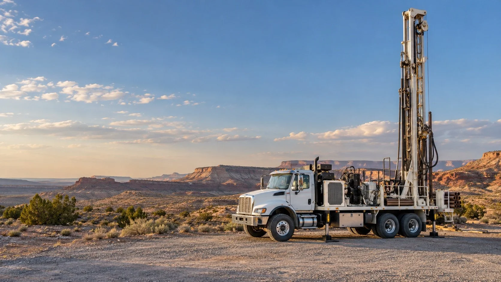 An unbranded well-drilling rig on a desert work pad.