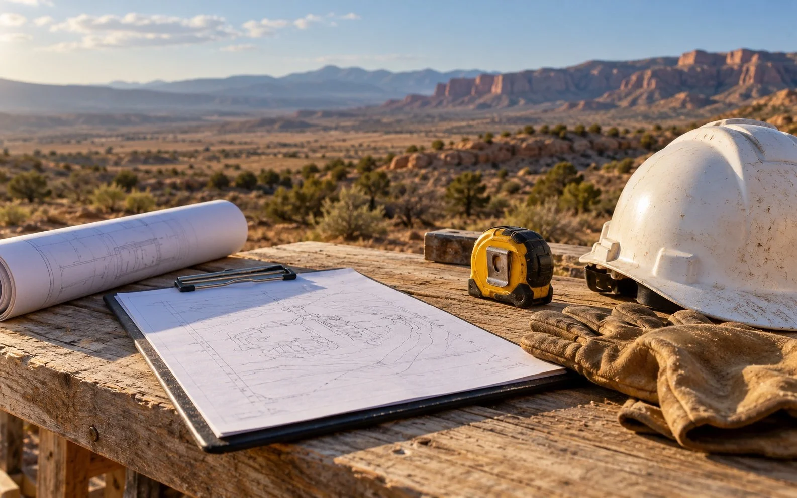 Planning tools and a hard hat on a workbench.