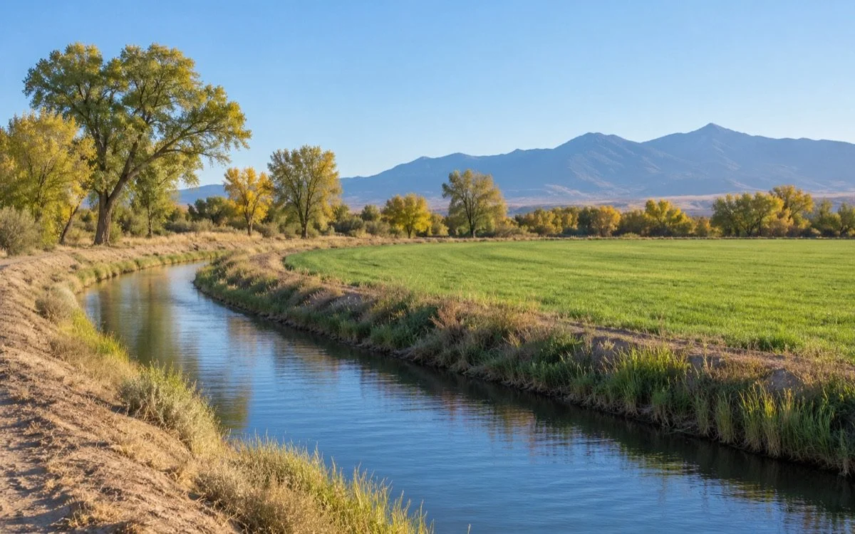 An irrigation channel beside green pasture and cottonwood trees.