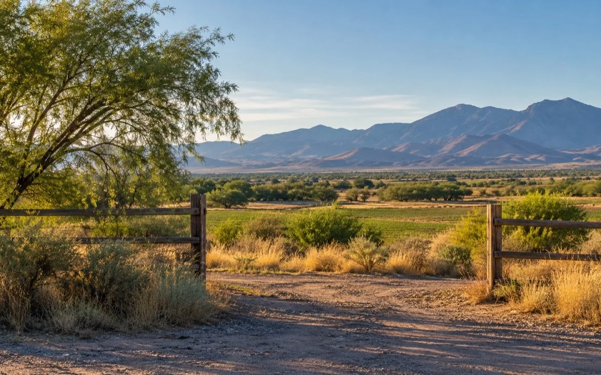 An open rural gate with mesquite trees, dry grasses and distant mountains.