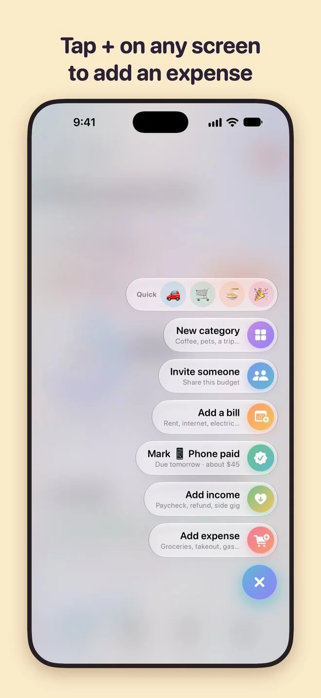 The + menu: add spending, income or mark a bill paid