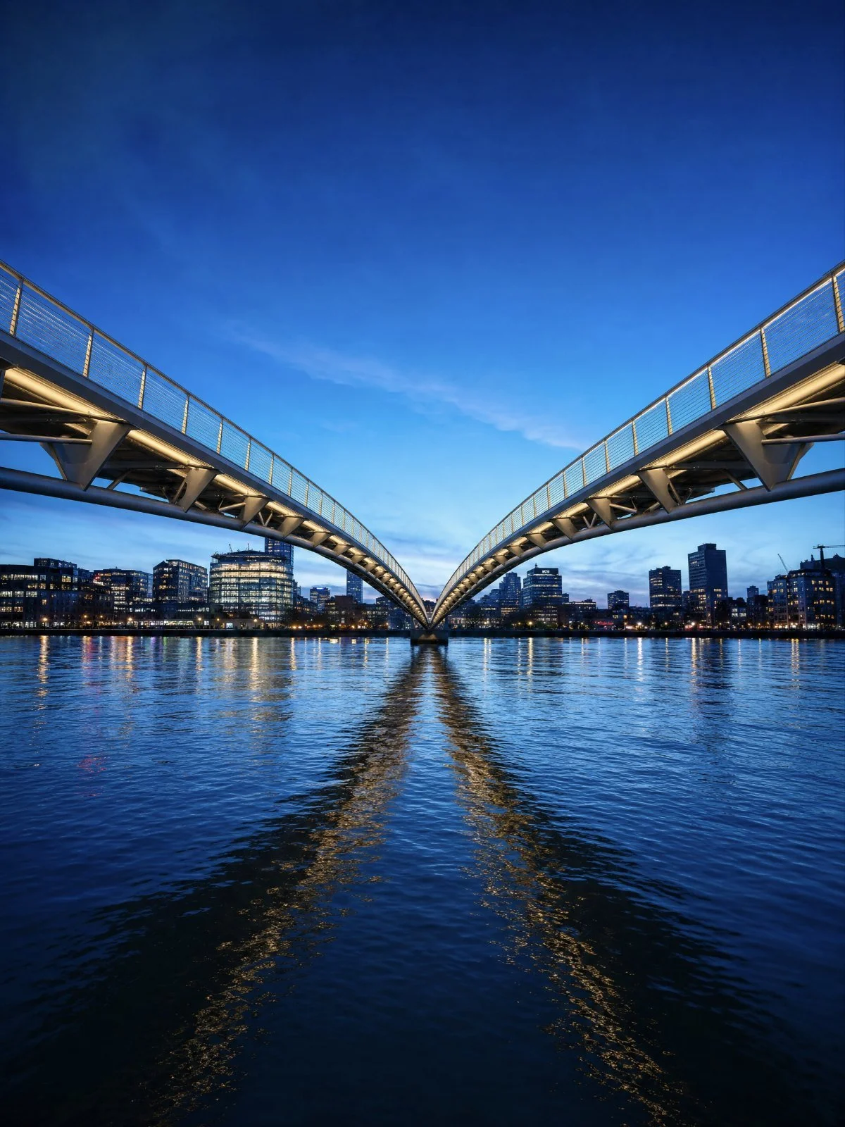 Two footbridges meeting over a river at dusk