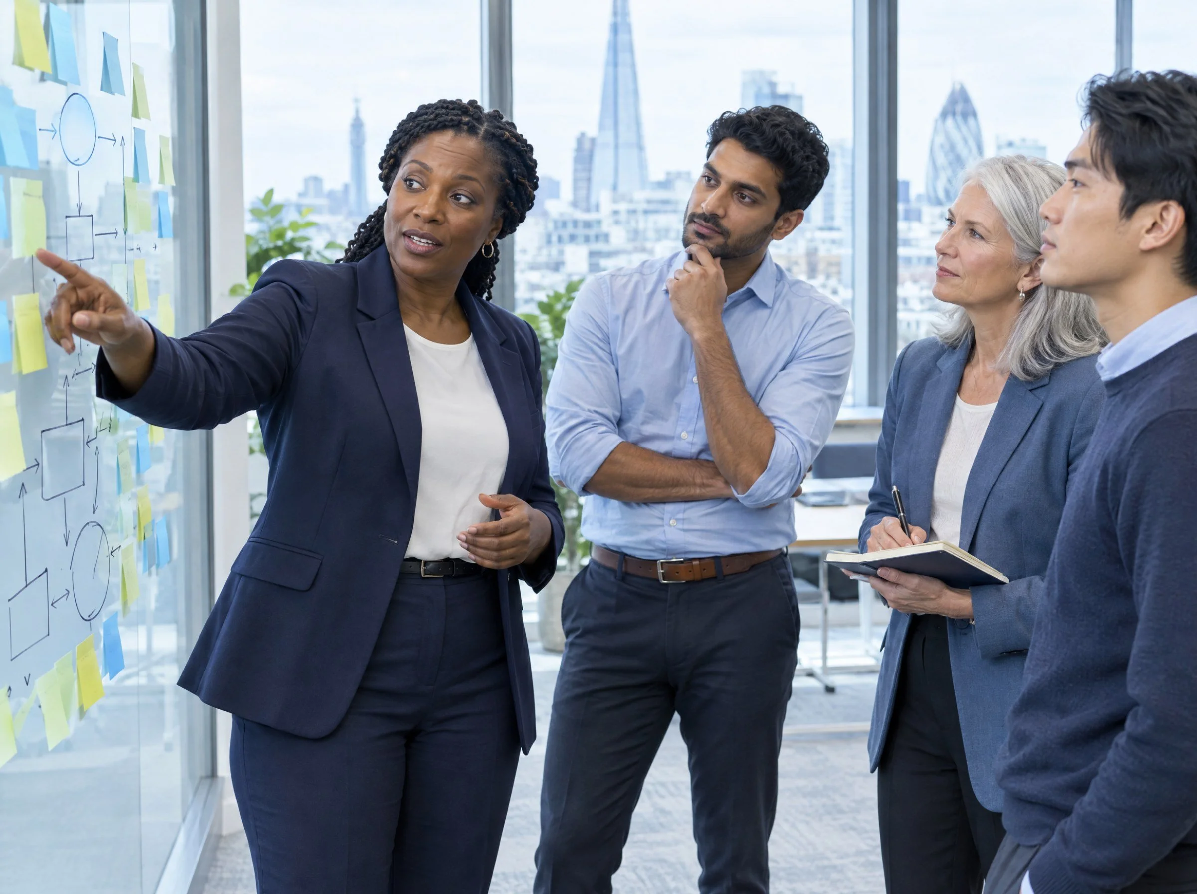 A consultant leading a strategy workshop with a diverse client team