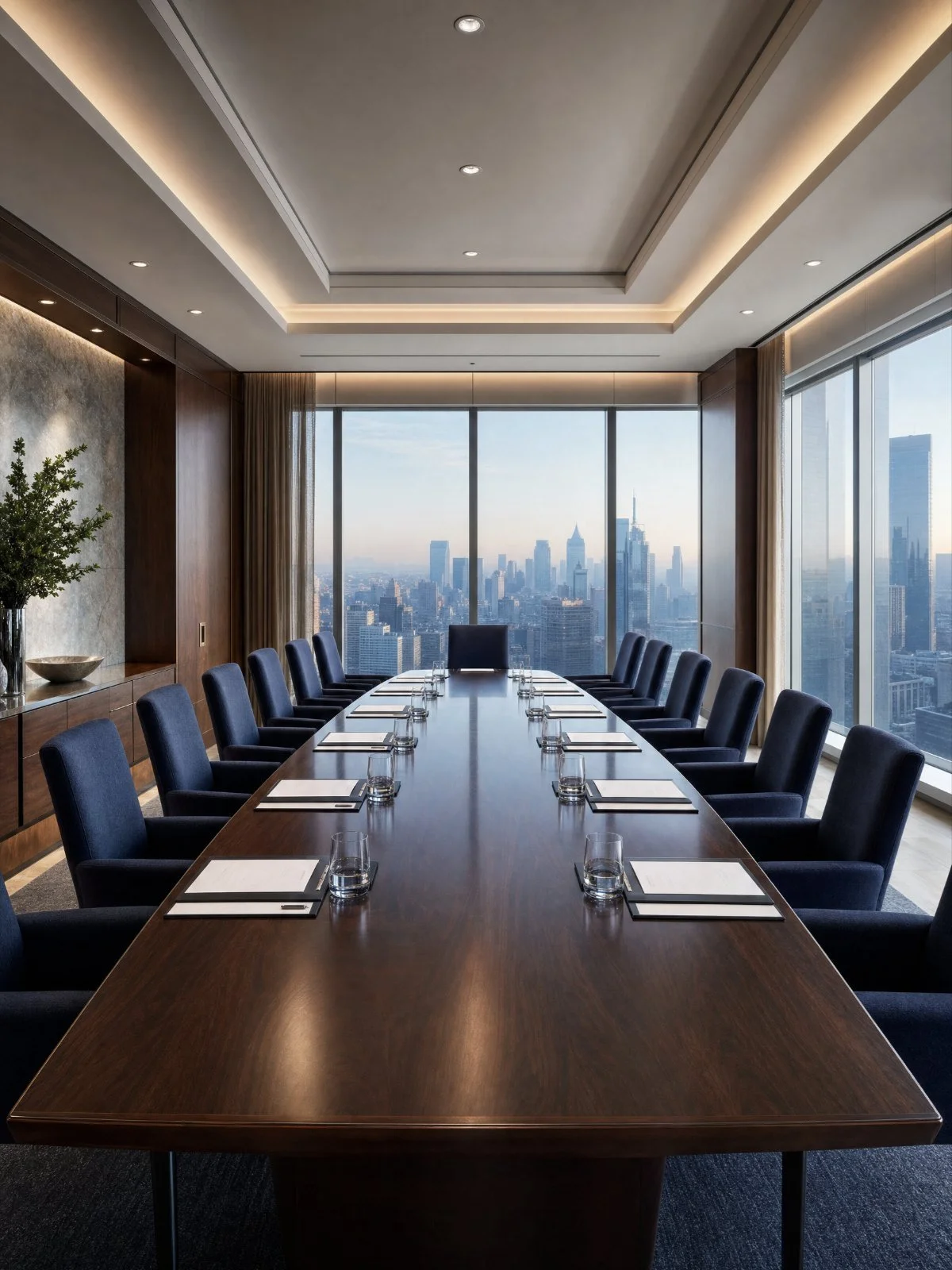 An elegant boardroom set for a meeting in morning light