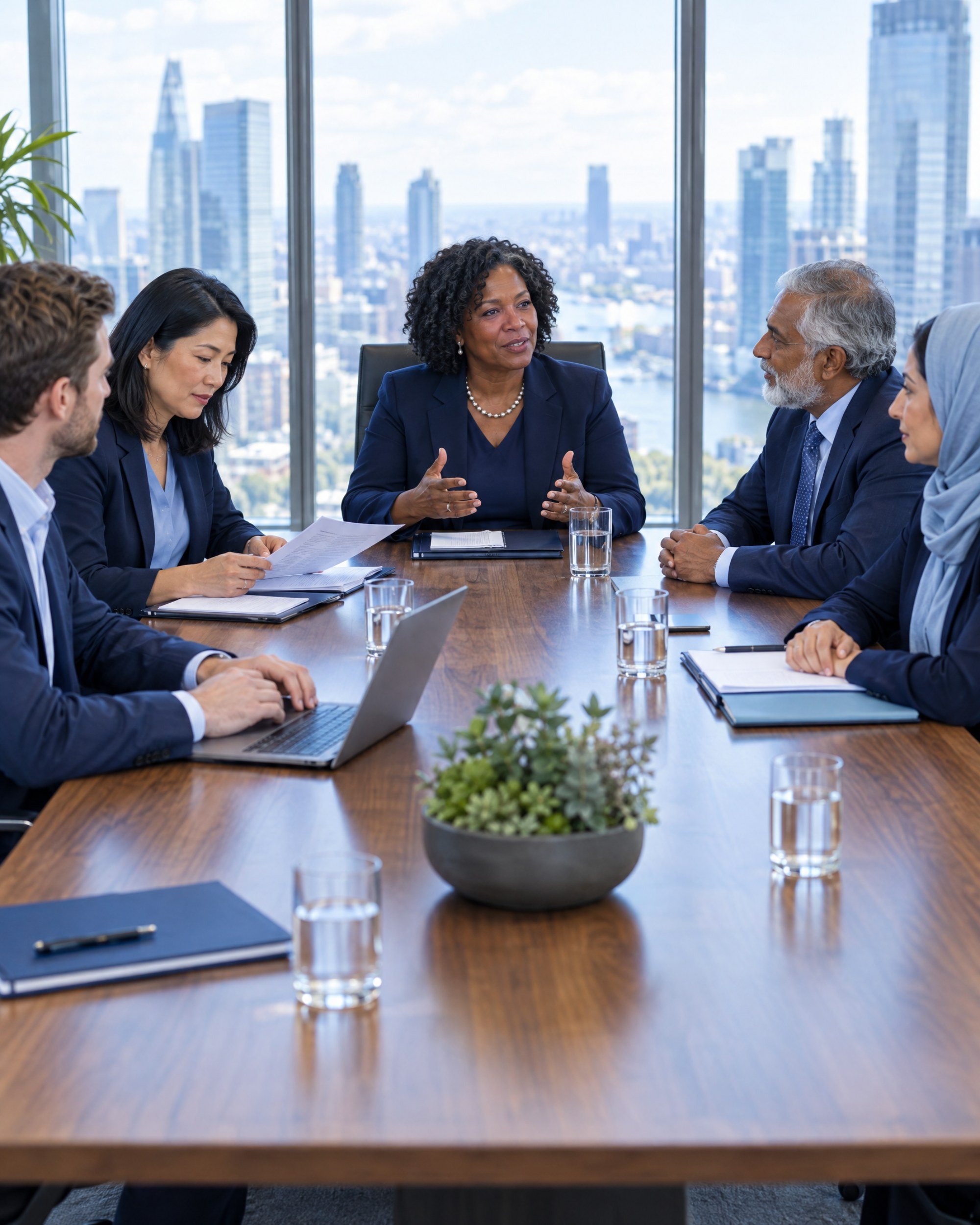 A diverse board in discussion around a boardroom table