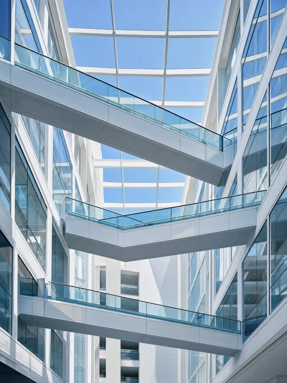 Glass walkways crossing inside a bright modern atrium