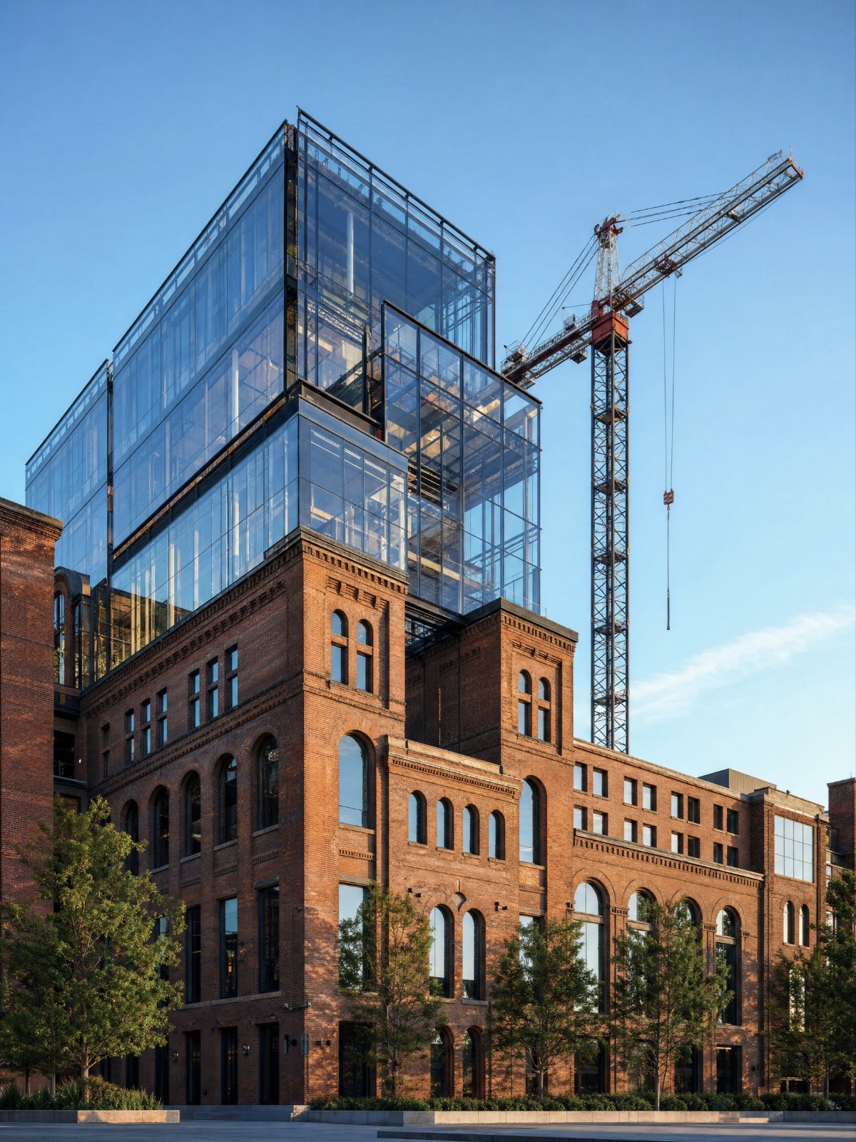 A new glass extension rising from a historic brick building