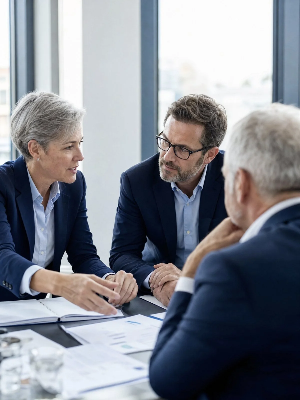 Senior leaders in conversation around a meeting table