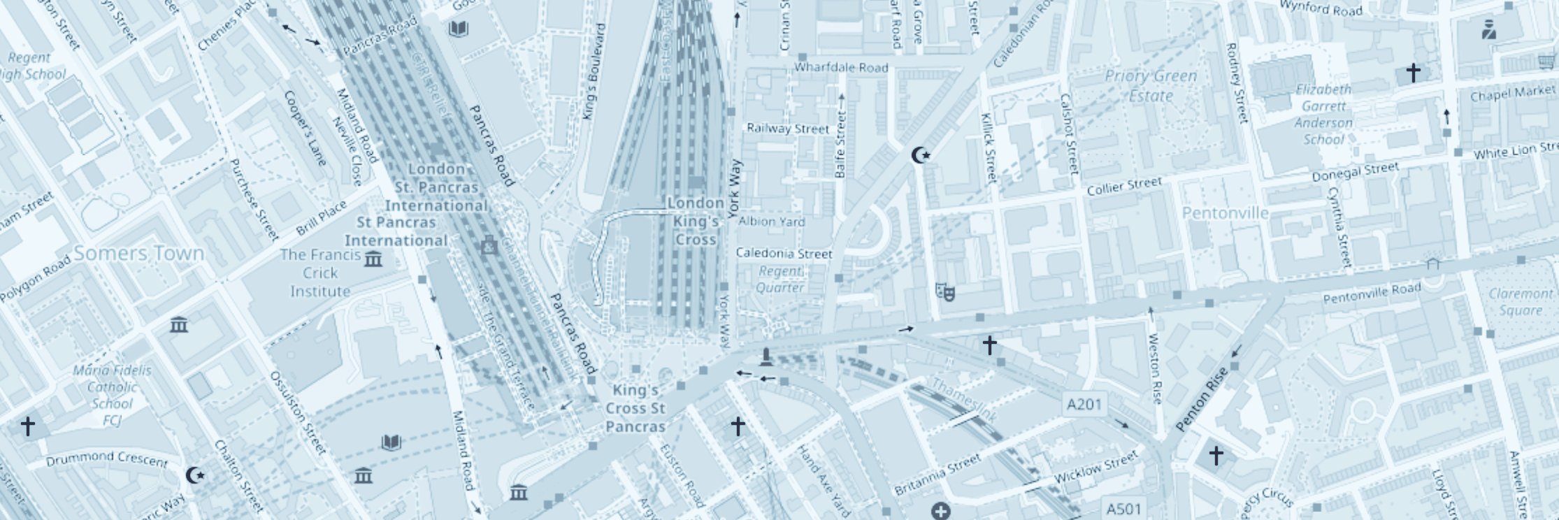 Map of King’s Cross, London, showing the Frimley Associates London office at 7 Omega Place