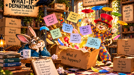 Colorful “What if” notes fly out of an open box while Plate Spinner reaches for them and Rabbit watches.
