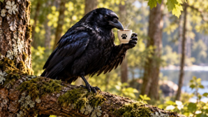 Crow on a mossy branch holding a small cup with a paw print.