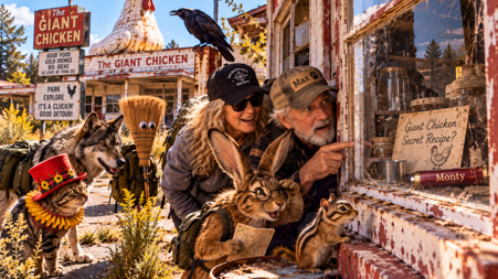 Jo, Max and the crew peer through the Giant Chicken’s window at a sign reading “Giant Chicken Secret Recipe?”