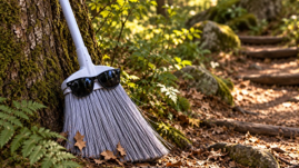 Broom, wearing sunglasses, stands beside a forest trail.