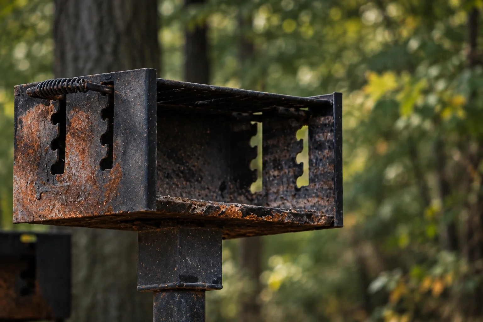 An old rusted campground grill standing against a softly blurred wooded background.