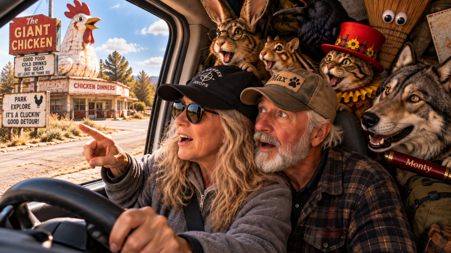 Jo points at a Giant Chicken roadside sign and chicken statue while Max and the crew crowd in to look.