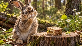 Rabbit sits beside a tree stump with half a sandwich on it.