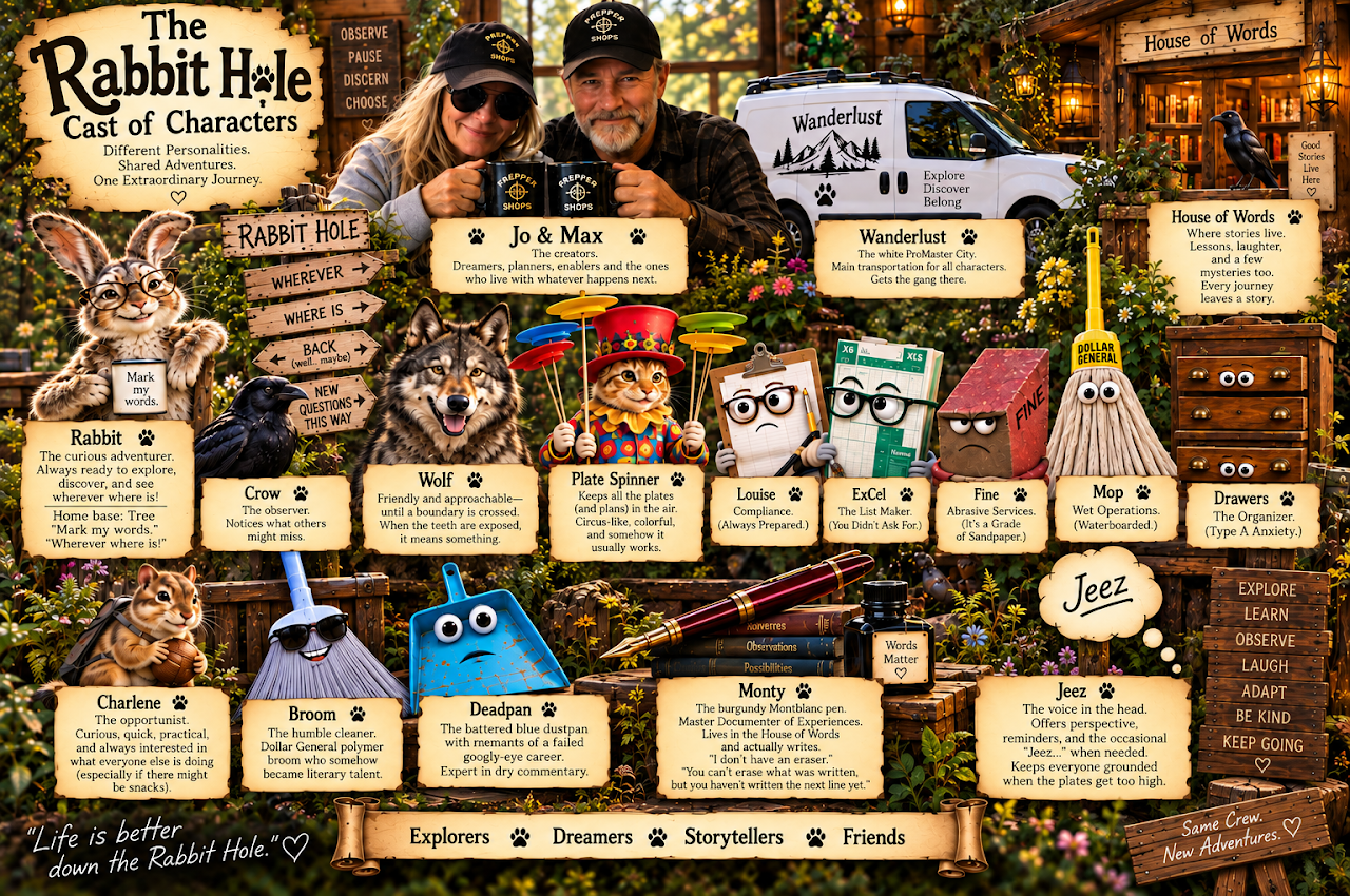 Cast of Characters poster: Jo and Max, the Wanderlust van, the House of Words and the crew — Rabbit, Crow, Wolf, Plate Spinner, Louise, ExCel, Fine, Mop, Drawers, Charlene, Broom, Deadpan, Monty and Jeez — each with a name card.