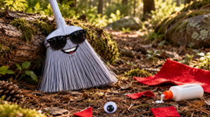 Broom, wearing sunglasses, on the forest floor beside red felt, a googly eye and a glue bottle.